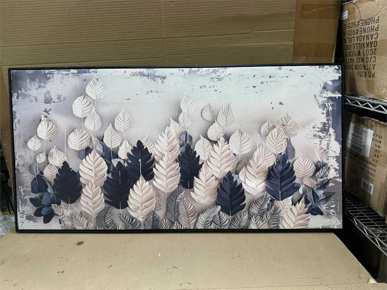 Framed Blue White Botanical Leaf Canvas Wall Art (24”H x 48”W) thumbnail