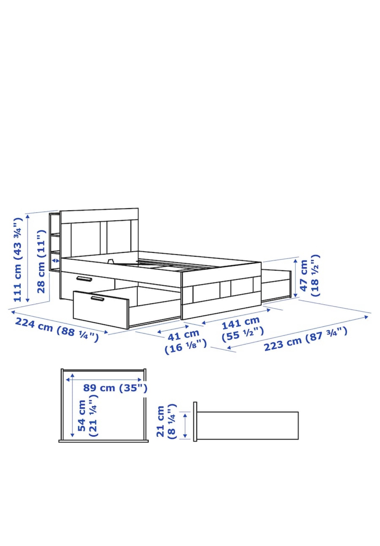 Ikea BRIMNES White Full Bed Frame with Storage Drawers - photo 2