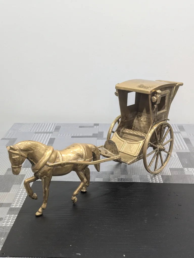 Vintage Large Solid Brass Horse and Carriage Figurine image indicator(2)