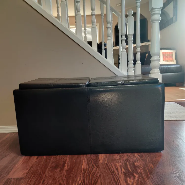 Black Faux Leather Storage Ottoman with Tray thumbnail