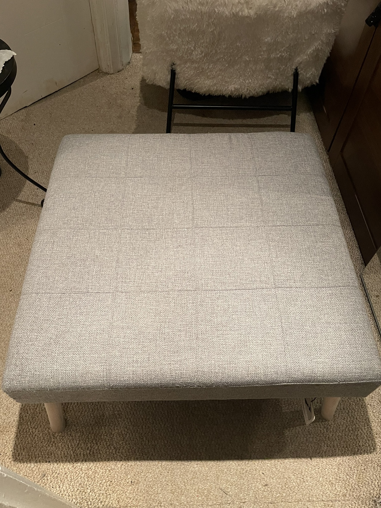 Grey Upholstered Ottoman with Solid Pine Legs from Home Sense