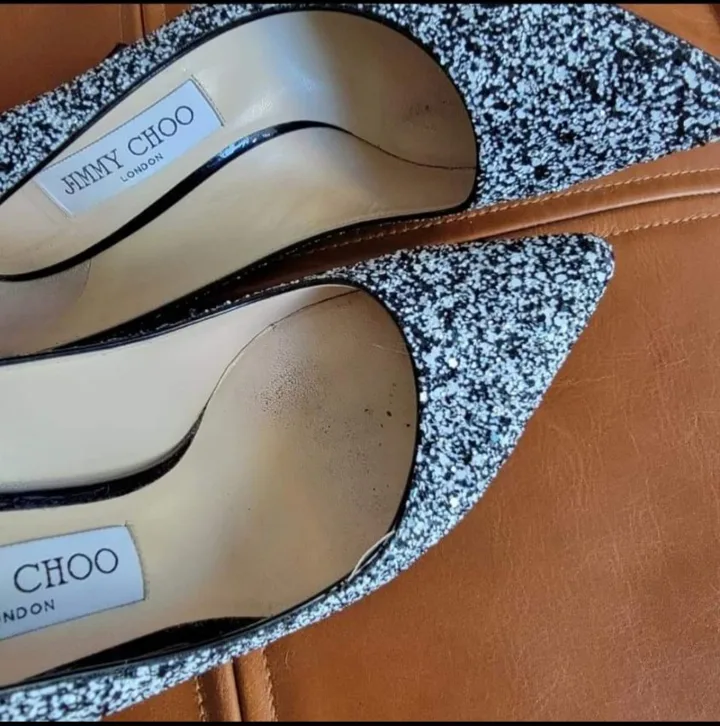 Jimmy Choo Black and White Glitter Heels image indicator(2)