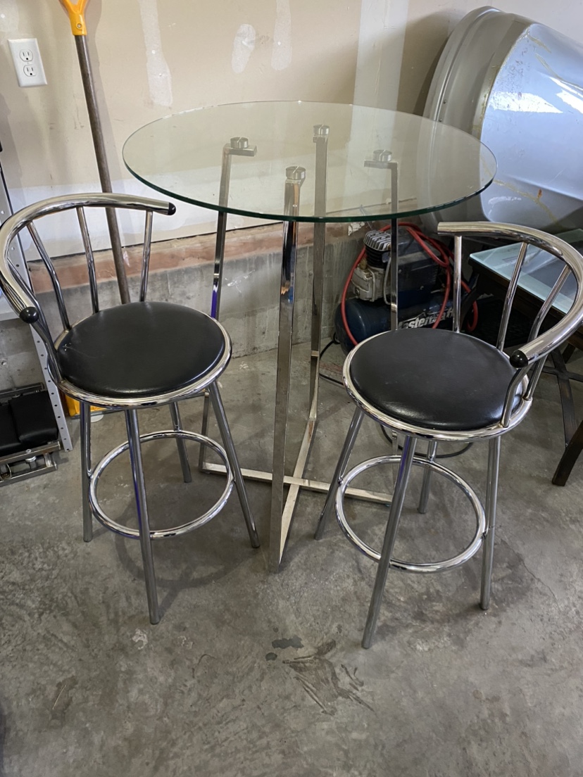 Glass Top Bar Table and Two Stools