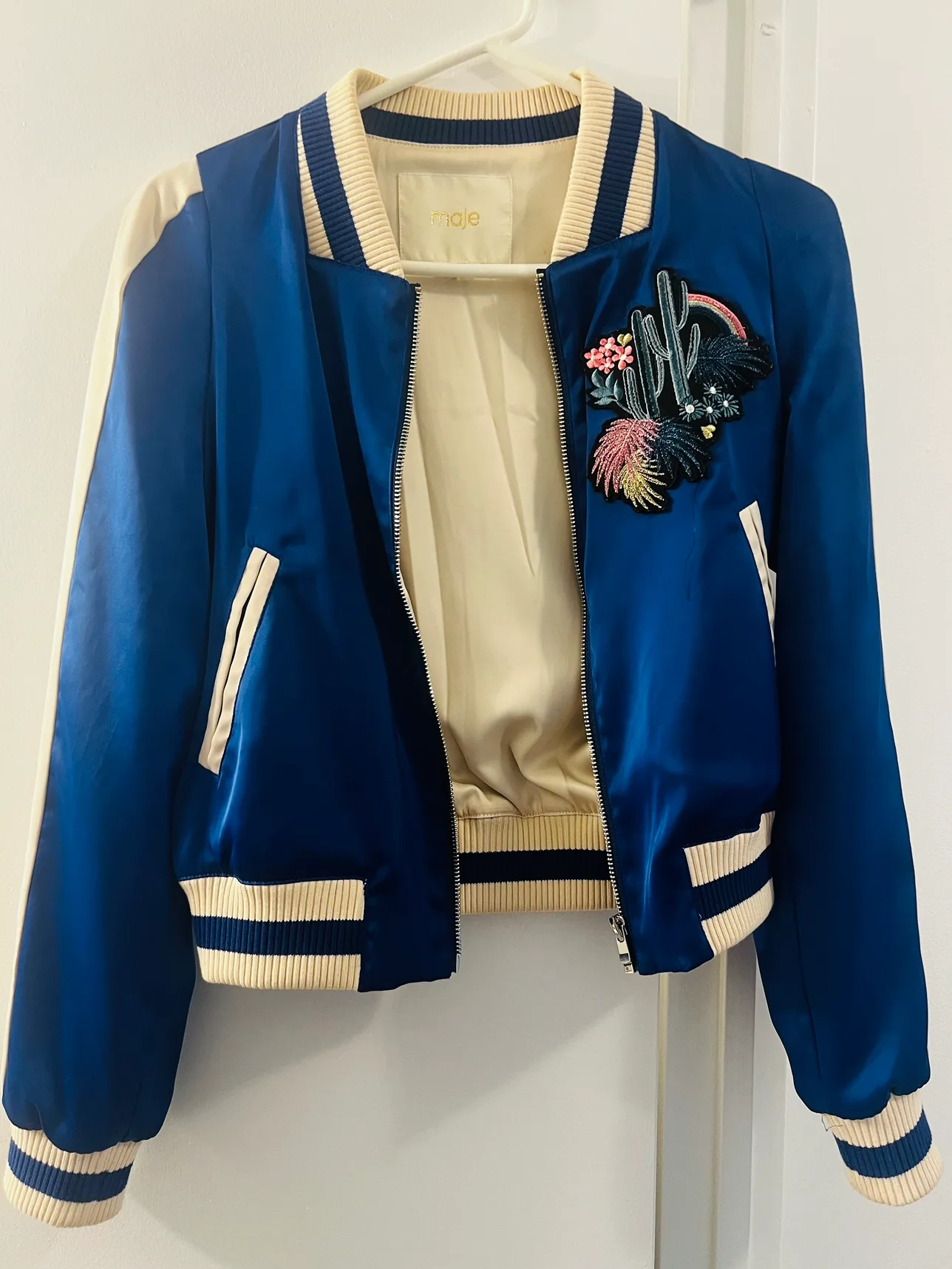 Maje Bacary Satin Blue Varsity Bomber Jacket image indicator(2)