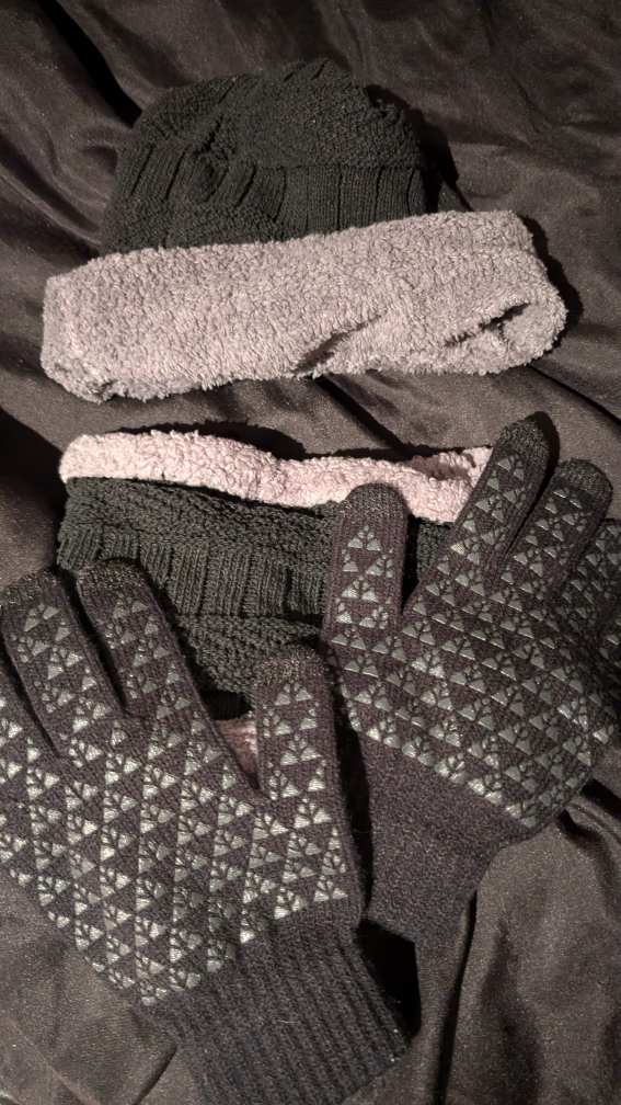 Black Knit Winter Hat, Gloves, and Neck Warmer Set