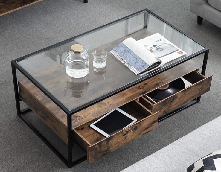 Glass Top Coffee Table with Storage Drawers