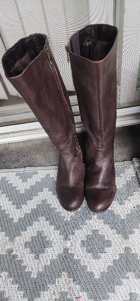 Brown Leather Knee High Boots with Studs - Size 9