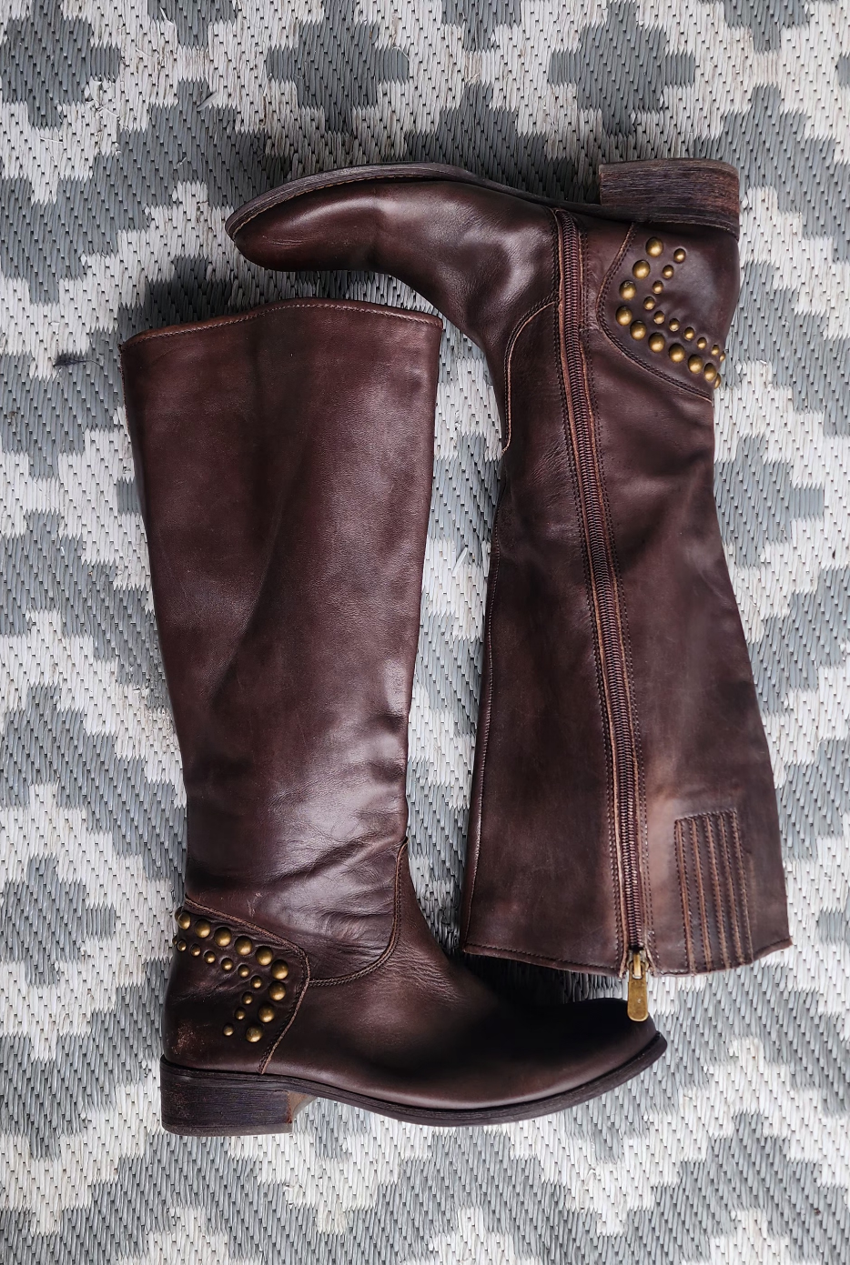 Brown Leather Knee High Boots with Studs - Size 9 - photo 3