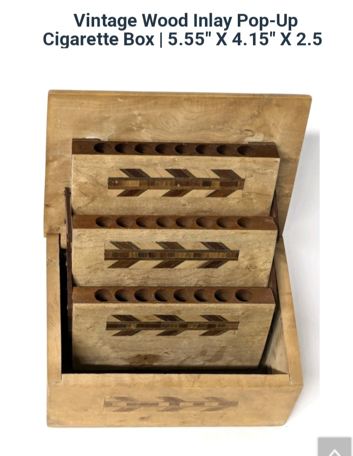Vintage Wood Inlay Pop-Up Cigarette Box