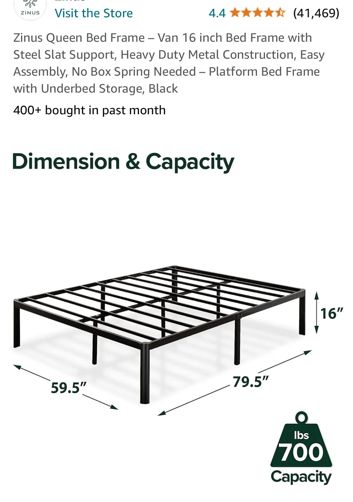 Zinus Queen Metal Bed Frame 16 inch thumbnail