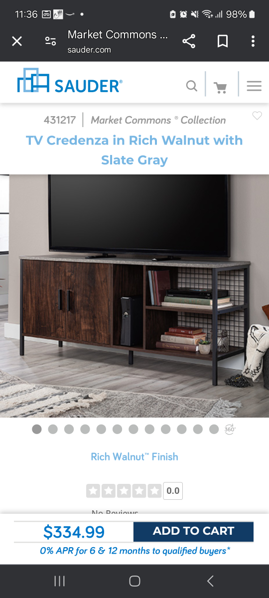 Sauder Market Commons TV Credenza in Rich Walnut with Slate Gray