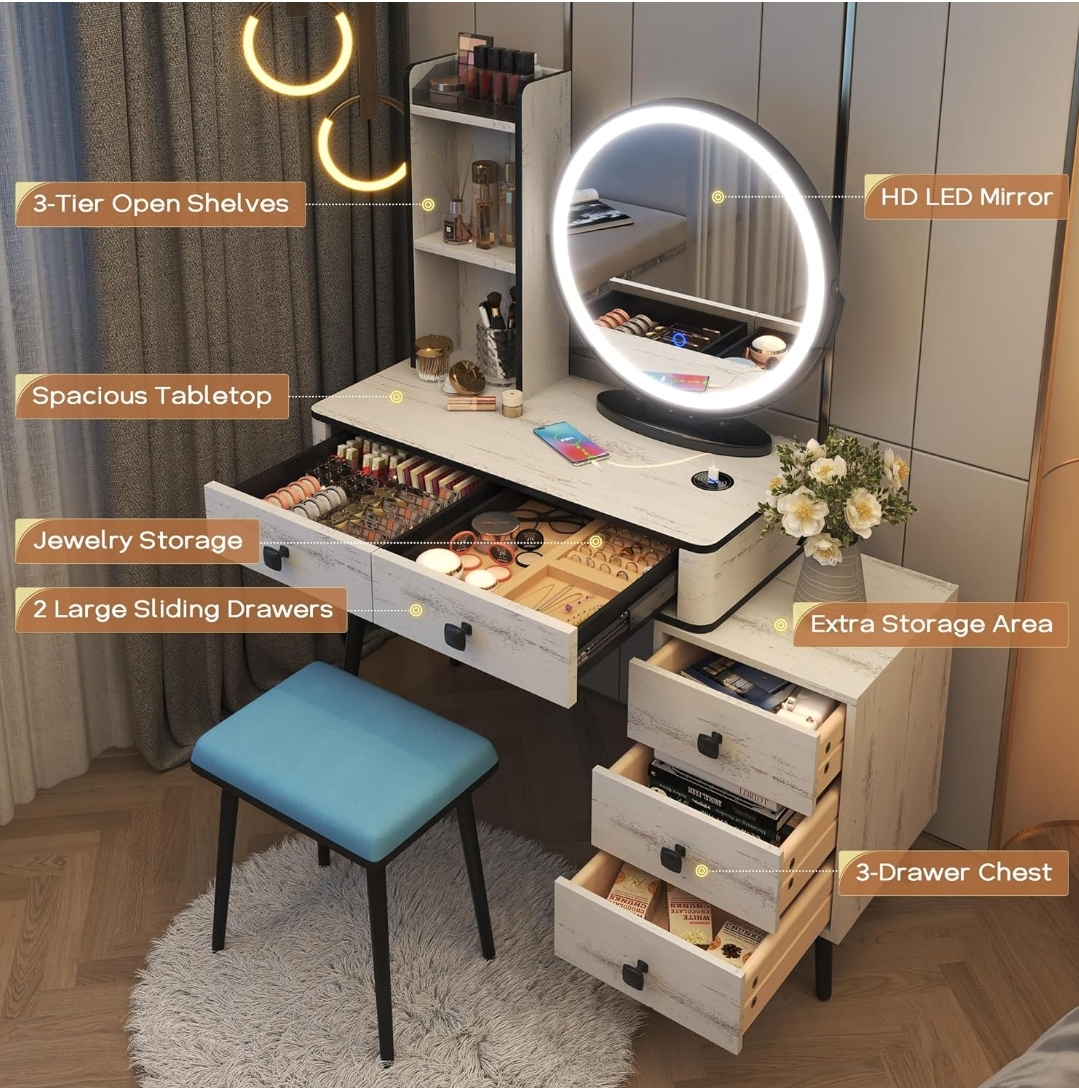 White Vanity Set with Lighted Mirror and Stool - photo 2