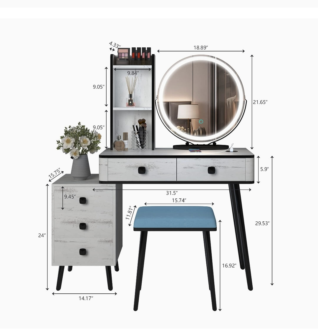White Vanity Set with Lighted Mirror and Stool - photo 5