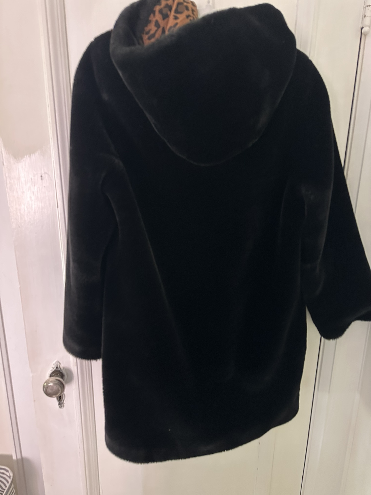 Black Faux Fur Coat with Leopard Print Hood - photo 3