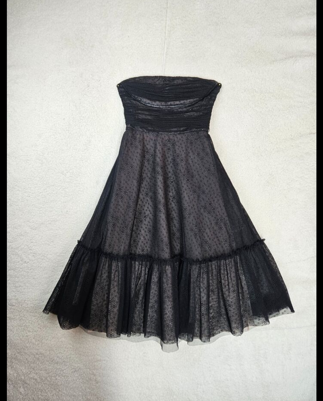 BCBG Black Strapless Cocktail Dress with Lace Overlay