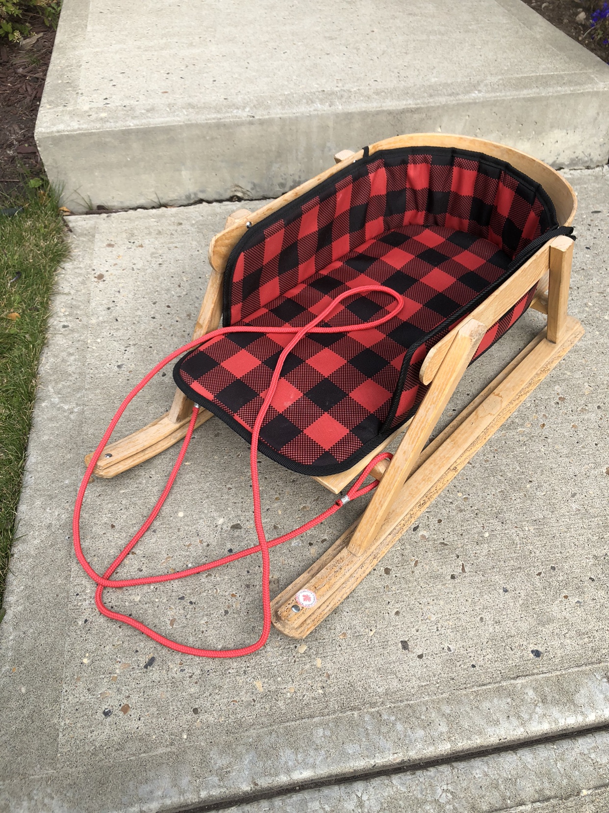 Wooden Sled with Red and Black Plaid Liner