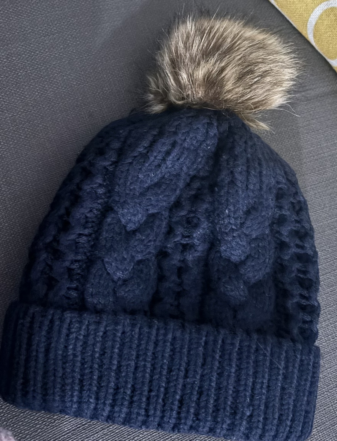 Navy Blue Cable Knit Beanie with Faux Fur Pom Pom