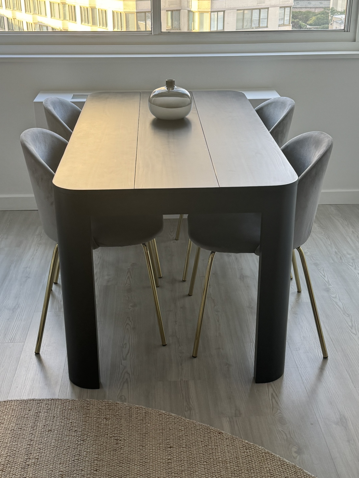 Set of 4 velvet and brass upholstered light blue dining chairs