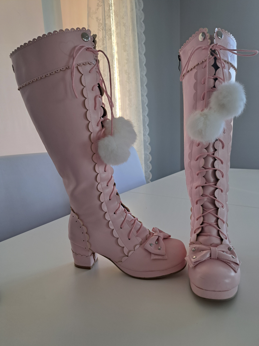 Pink Knee-High Boots with Bow and Fur Pom Pom