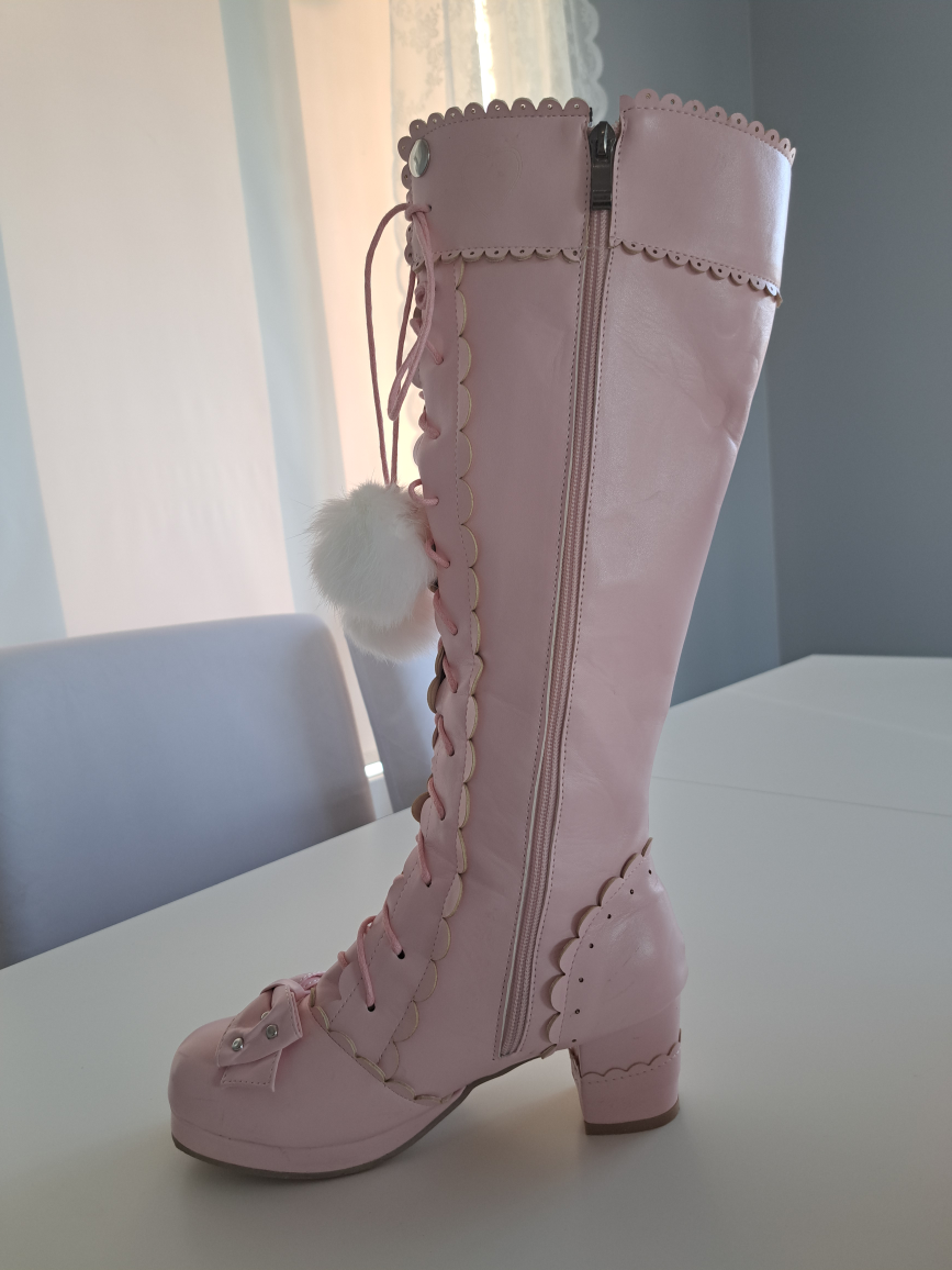Pink Knee-High Boots with Bow and Fur Pom Pom - photo 2