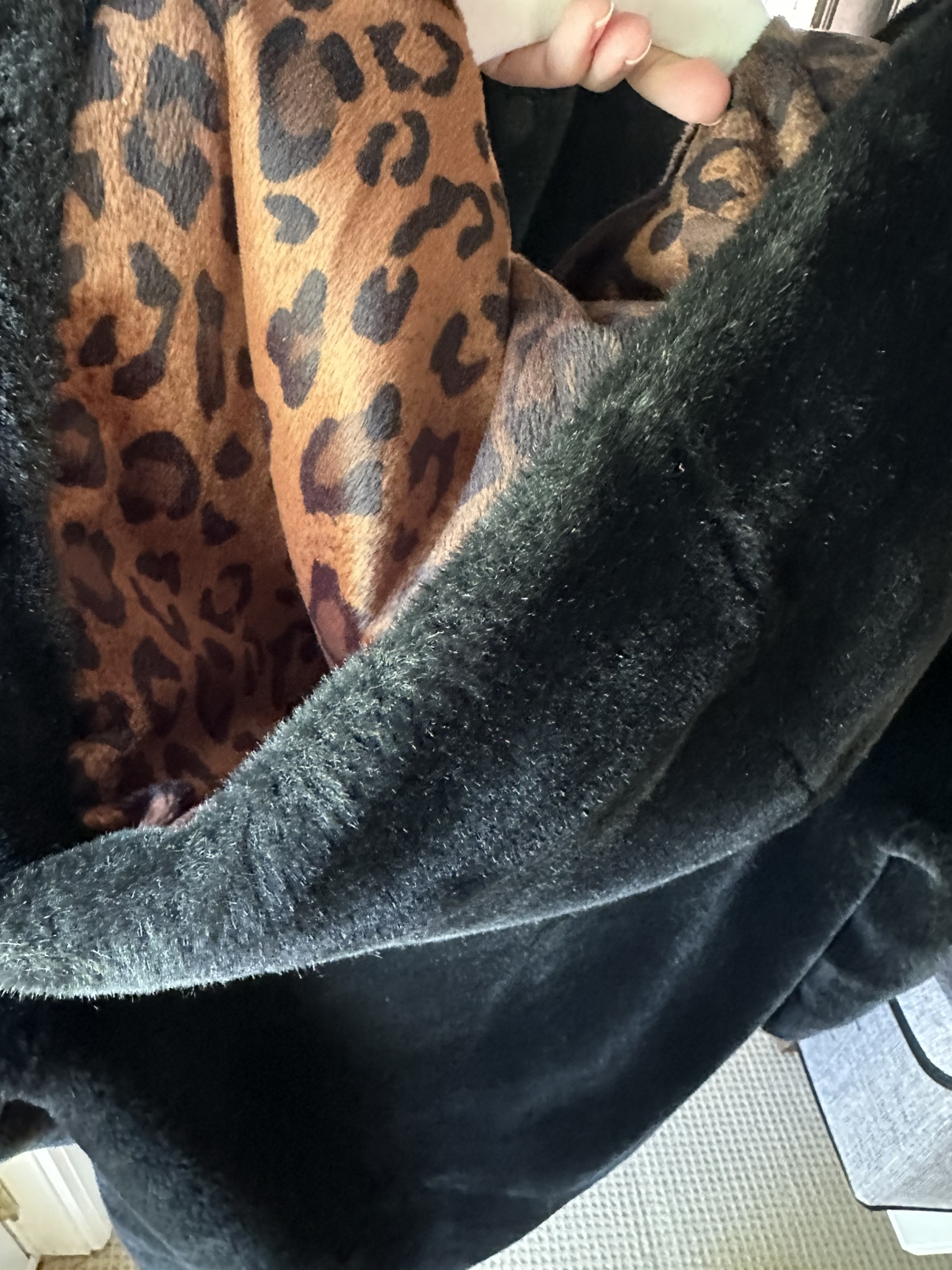 Black Faux Fur Coat with Leopard Print Hood - photo 4