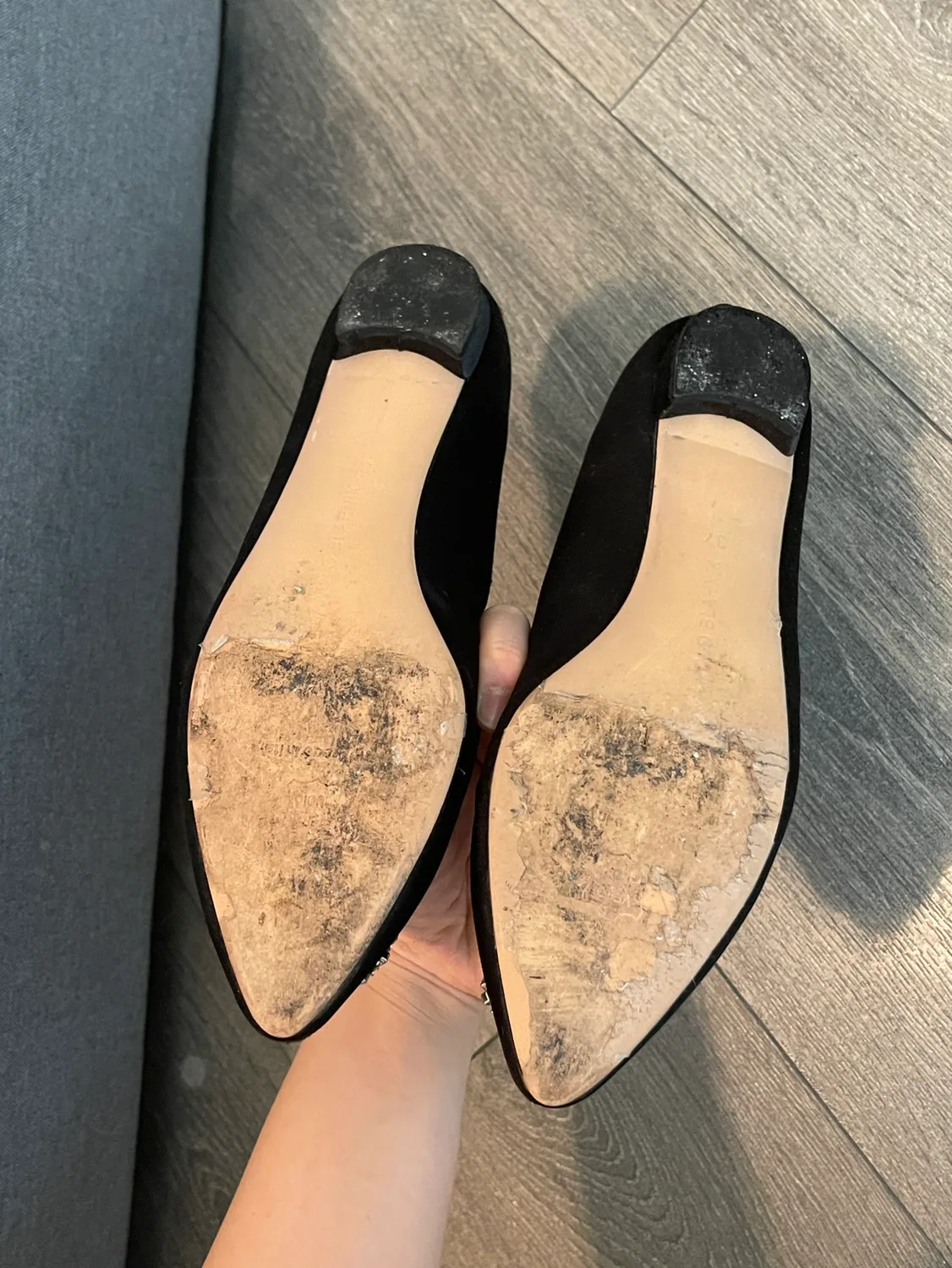 Manolo Blahnik Black Satin Pointed Toe Flats image indicator(6)