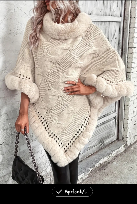 Cream Cable Knit Poncho with Faux Fur Trim