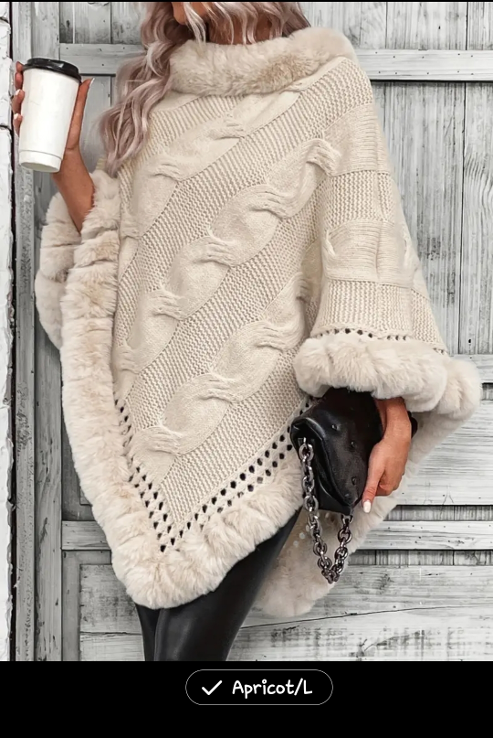 Cream Cable Knit Poncho with Faux Fur Trim - photo 2