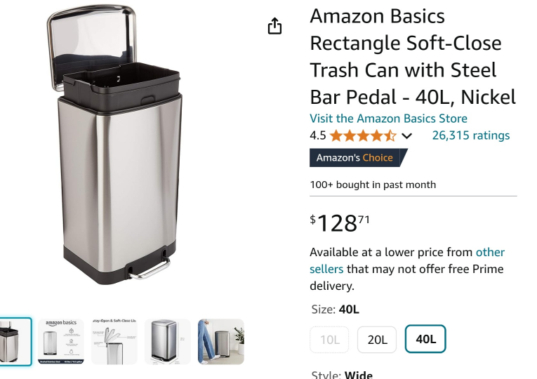 Amazon Basics 40L Trash Can with Steel Bar Pedal