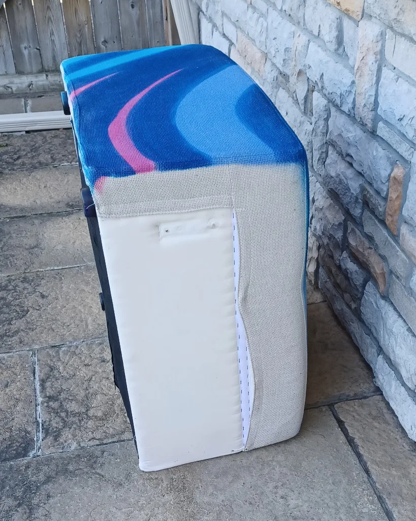 Blue and pink patterned storage ottoman corner seat image indicator(3)