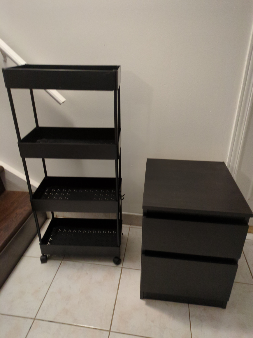 Black 3-Tier Rolling Cart and 2-Drawer Nightstand