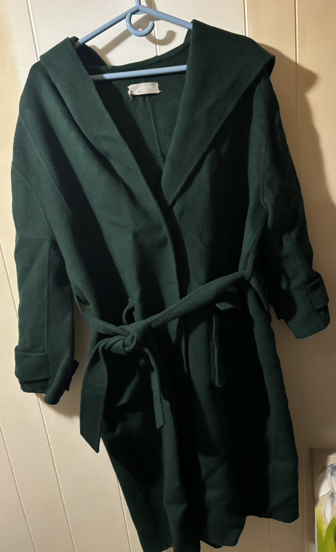 Wool Green Hooded oversized Coat with Belt One Size