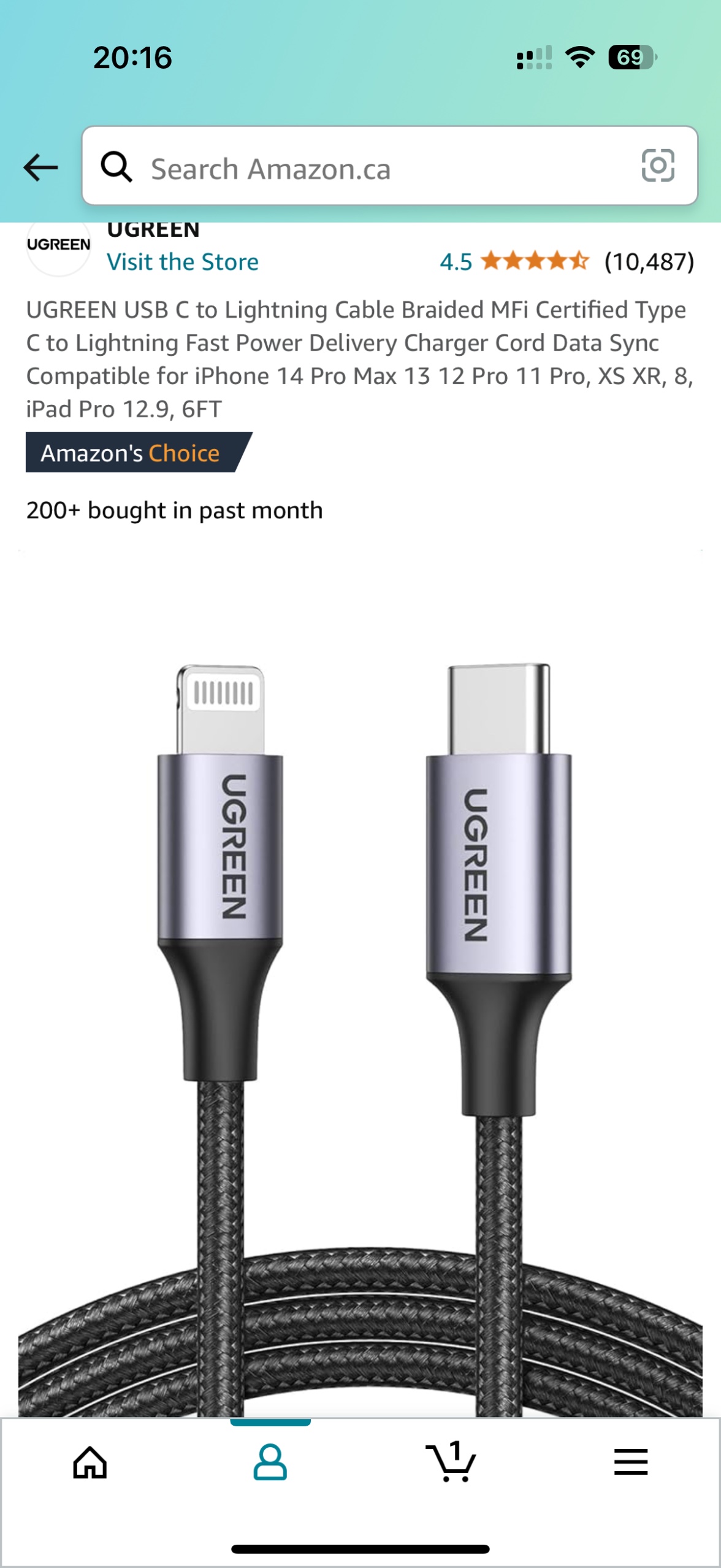 LIKE NEW UGREEN USB C to Lightning Cable, 6FT - photo 2