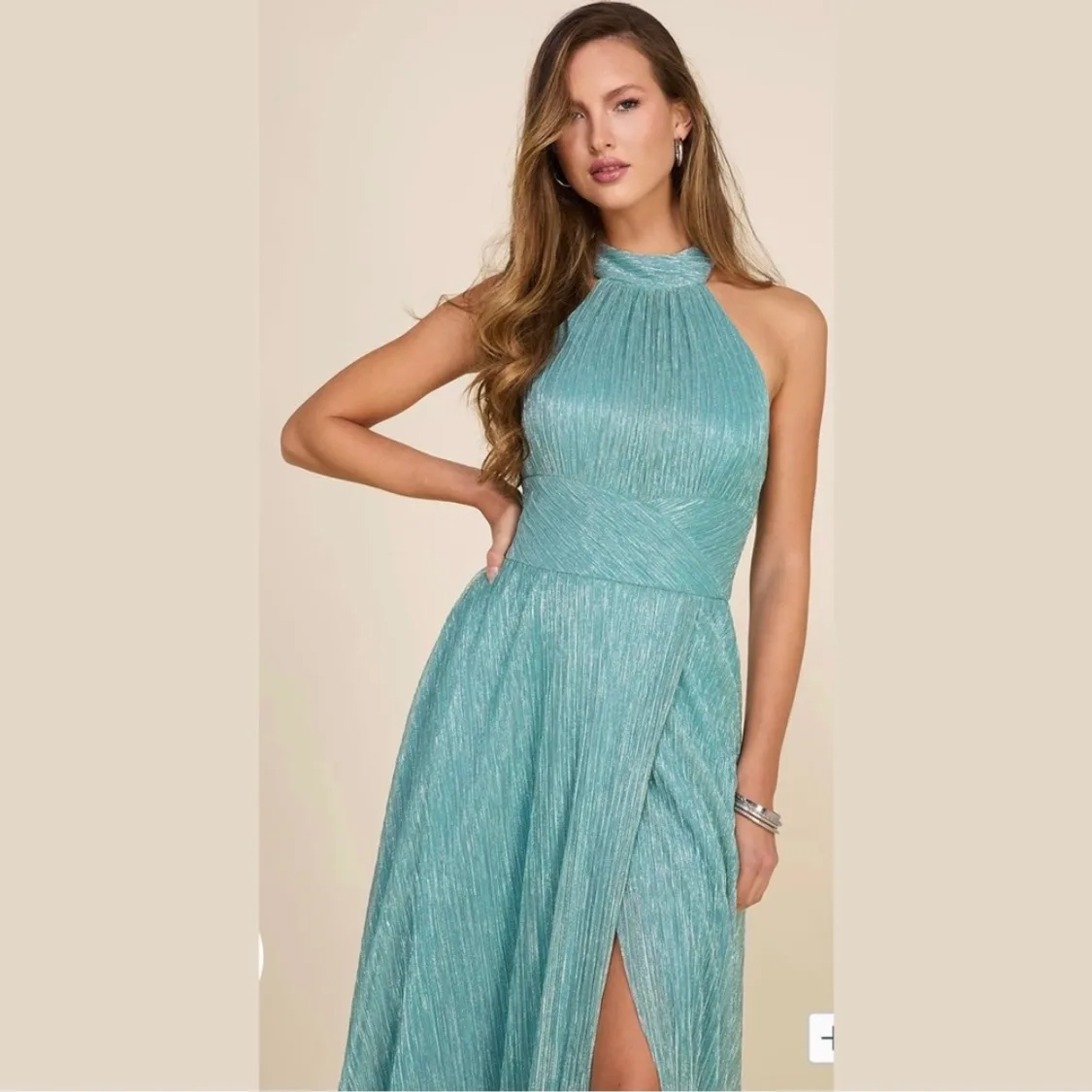 Aqua Blue Halter Neck Long Formal Dress image indicator(4)