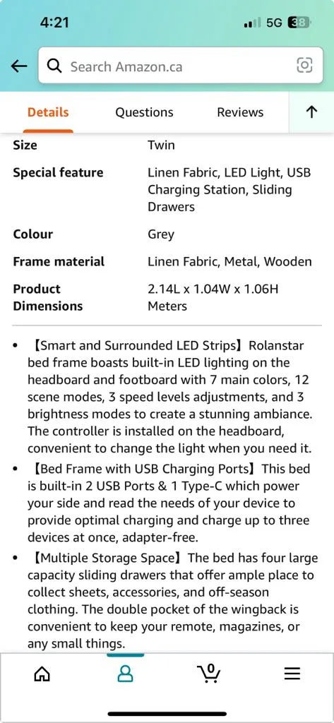 Twin Bed with LED Lights, USB Charging and Storage image indicator(2)