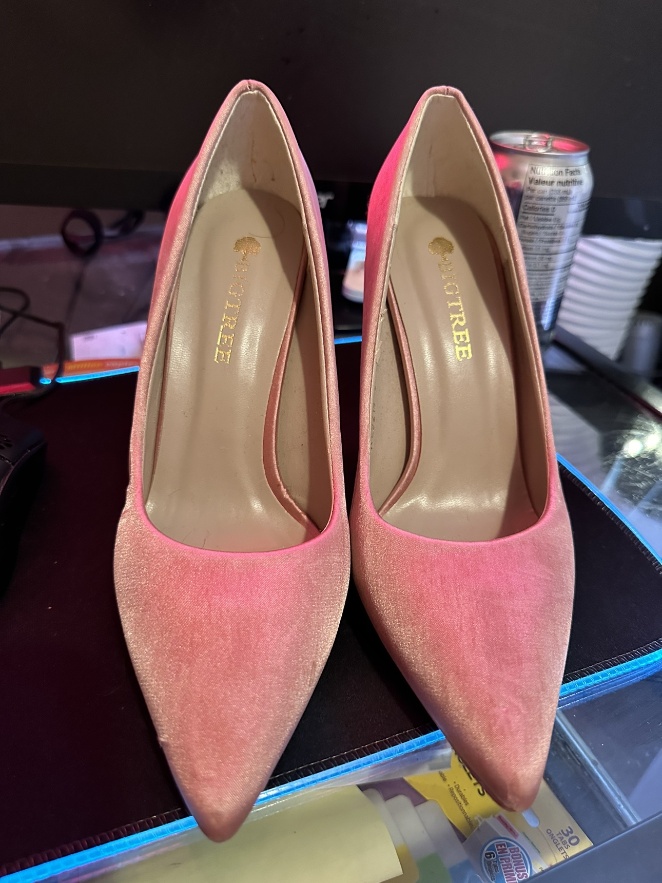 Pink Satin Heels with Gold Accents
