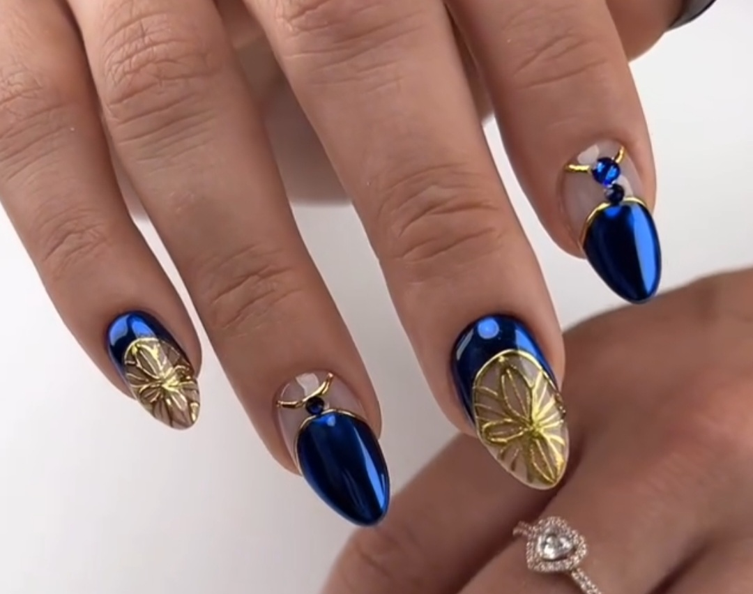 Blue and gold nail art