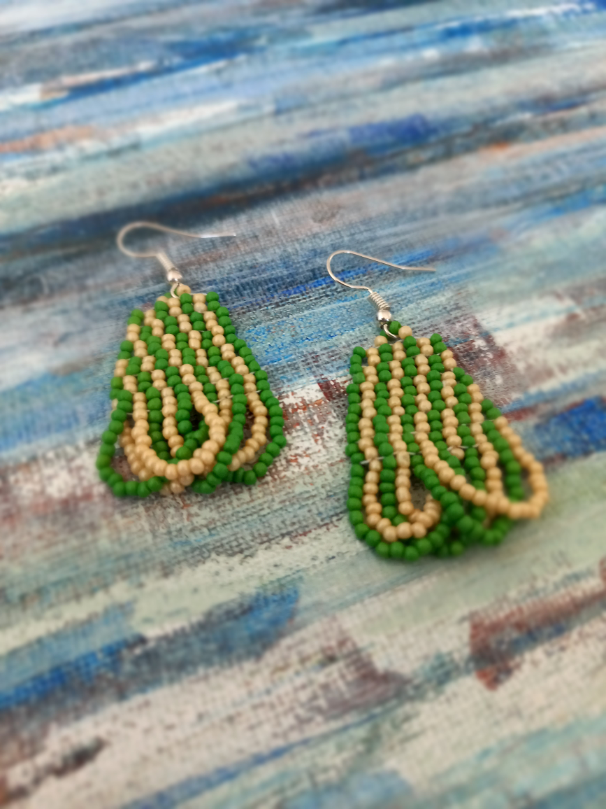 Green and Beige Handwoven Beaded Earrings - photo 2