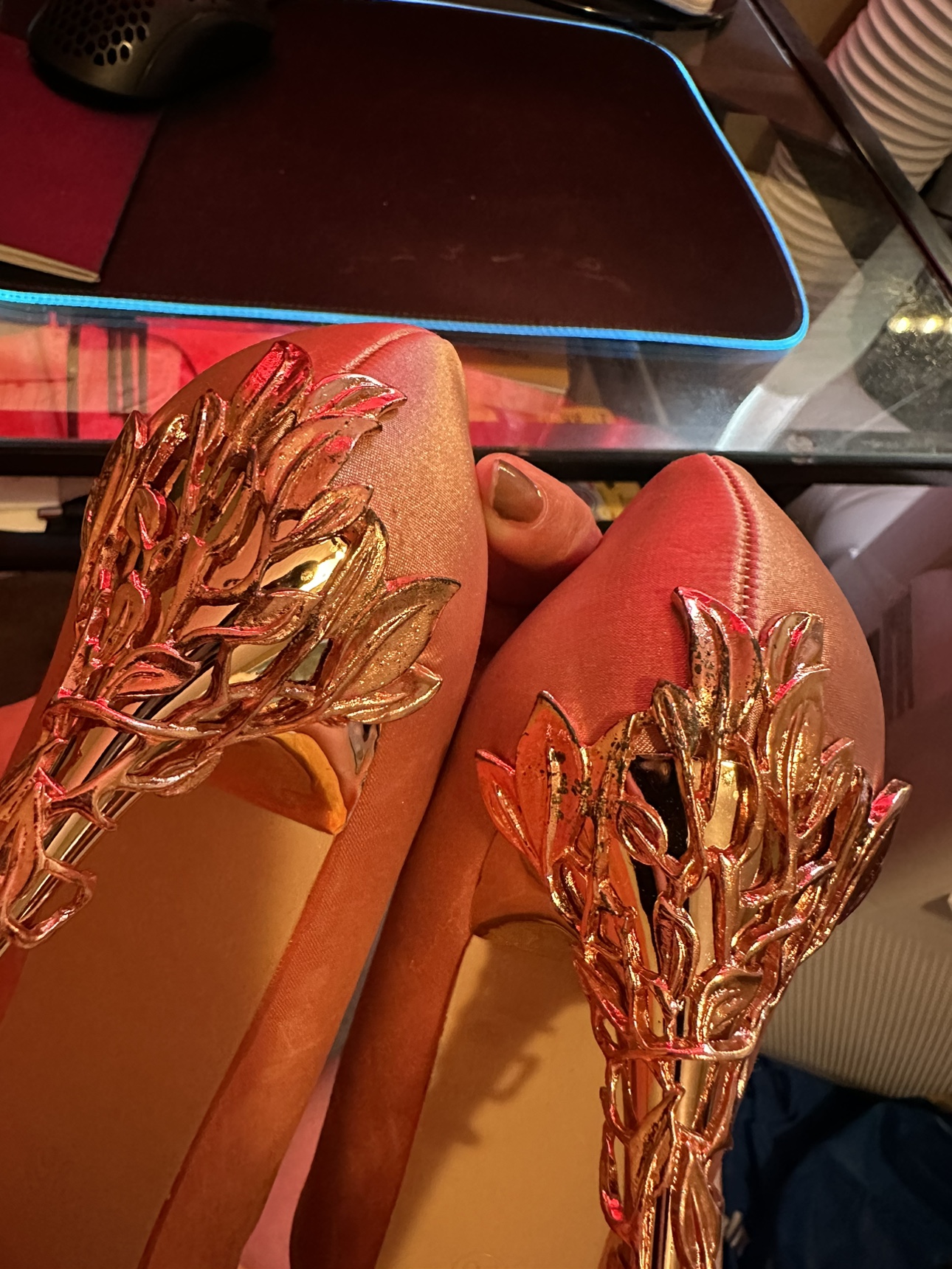 Pink Satin Heels with Gold Accents - photo 5