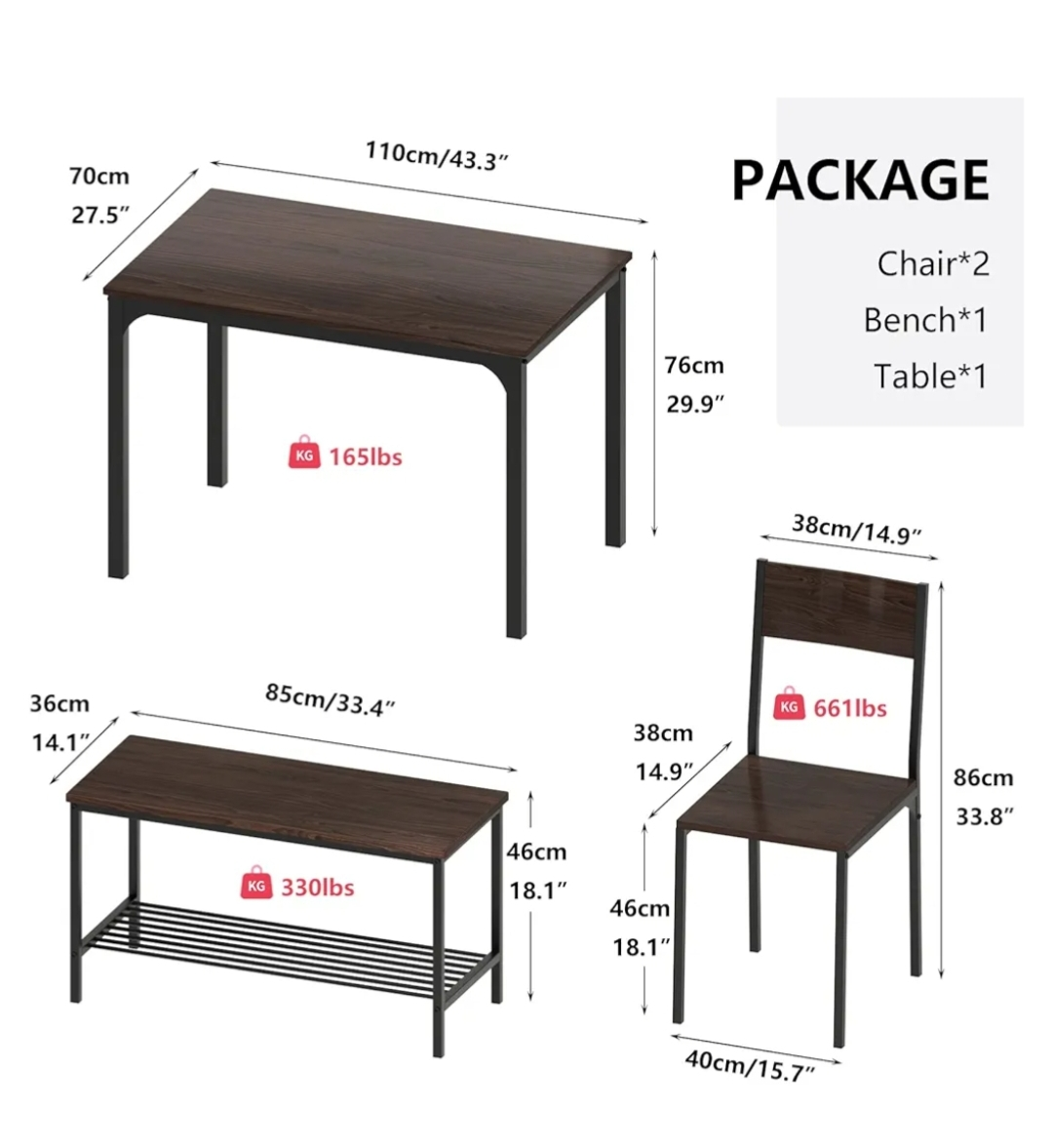 Dining Table Set with Bench and Two Chairs - photo 4