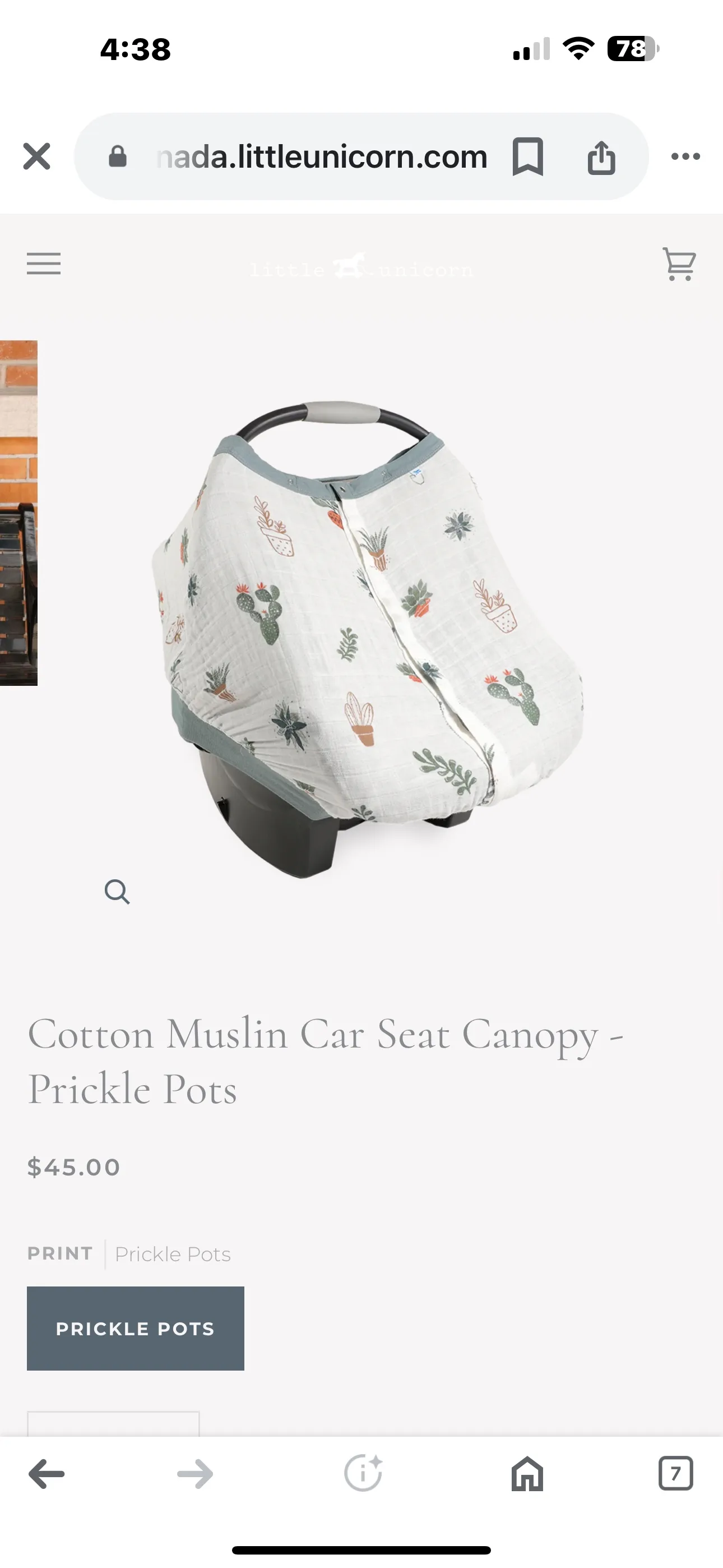 Little Unicorn Car Seat muslin Canopy like new image indicator(5)