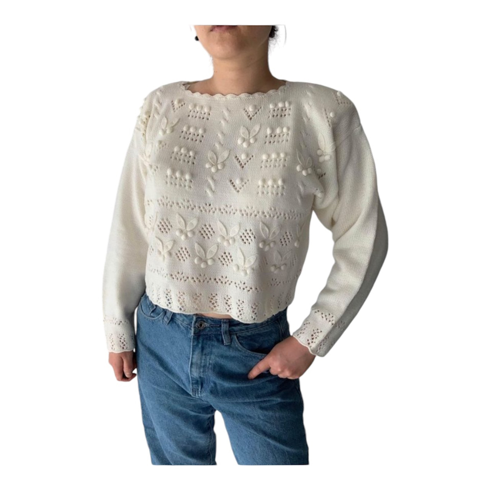 Vintage 80s Retro Cream Crochet Floral Sweater