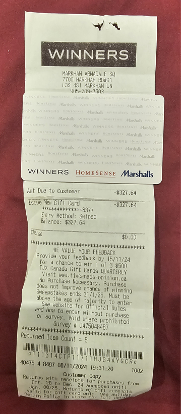 GIFT Card Winners HomeSense Marshalls