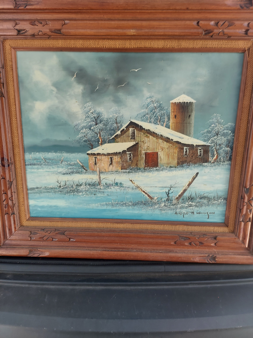 Oil Painting, barn in Winter, Everett Woodson