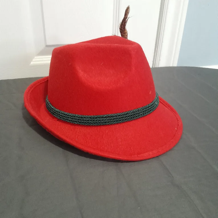 Red Felt Fedora Hat with Feather image indicator(2)