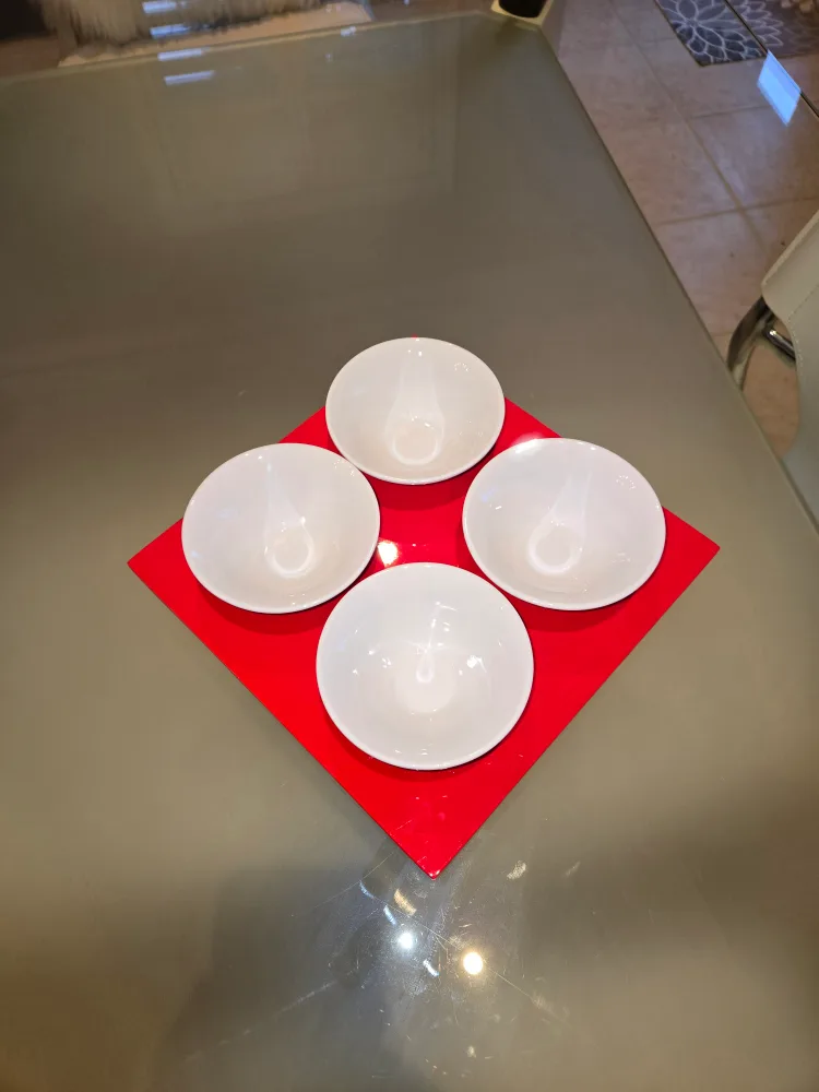 Set of 4 White Bowls with Red Serving Tray image indicator(3)