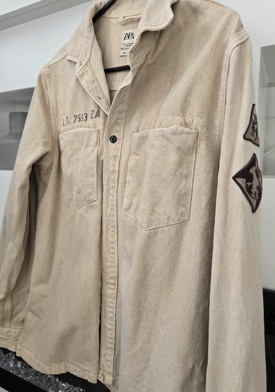 Zara Men's Beige Patchwork Button-Up Shirt image indicator(2)