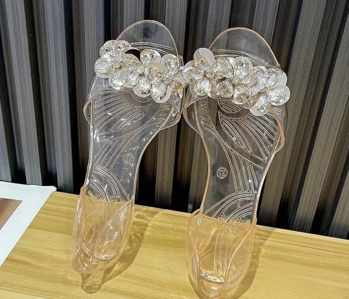 Clear Jelly Sandals with Rhinestone Flowers