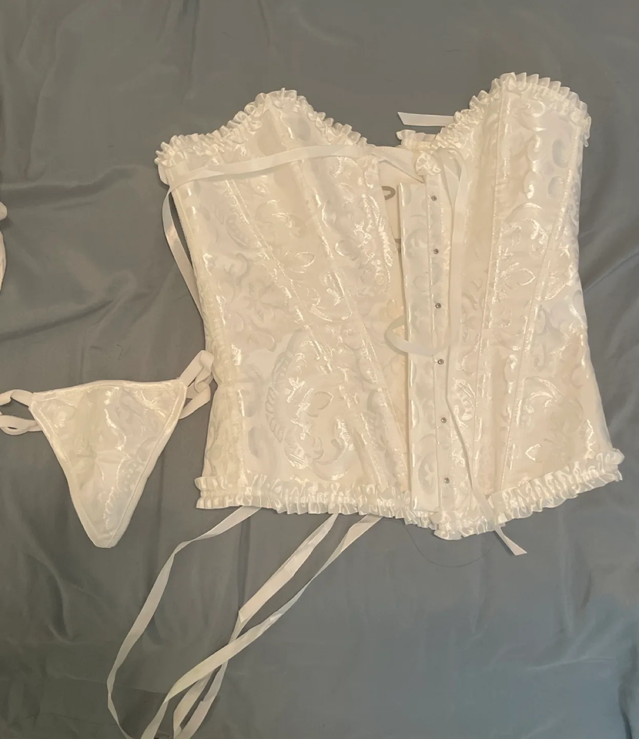 White Satin Corset with Matching G-String image indicator(3)