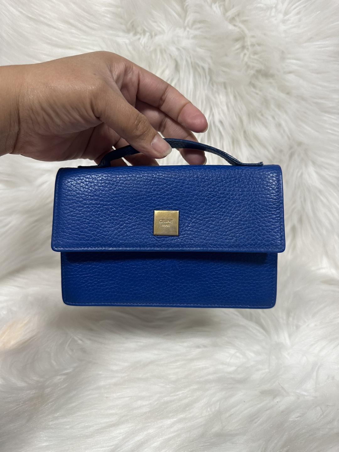 Authentic Celine Blue Leather Wallet with Top Handle